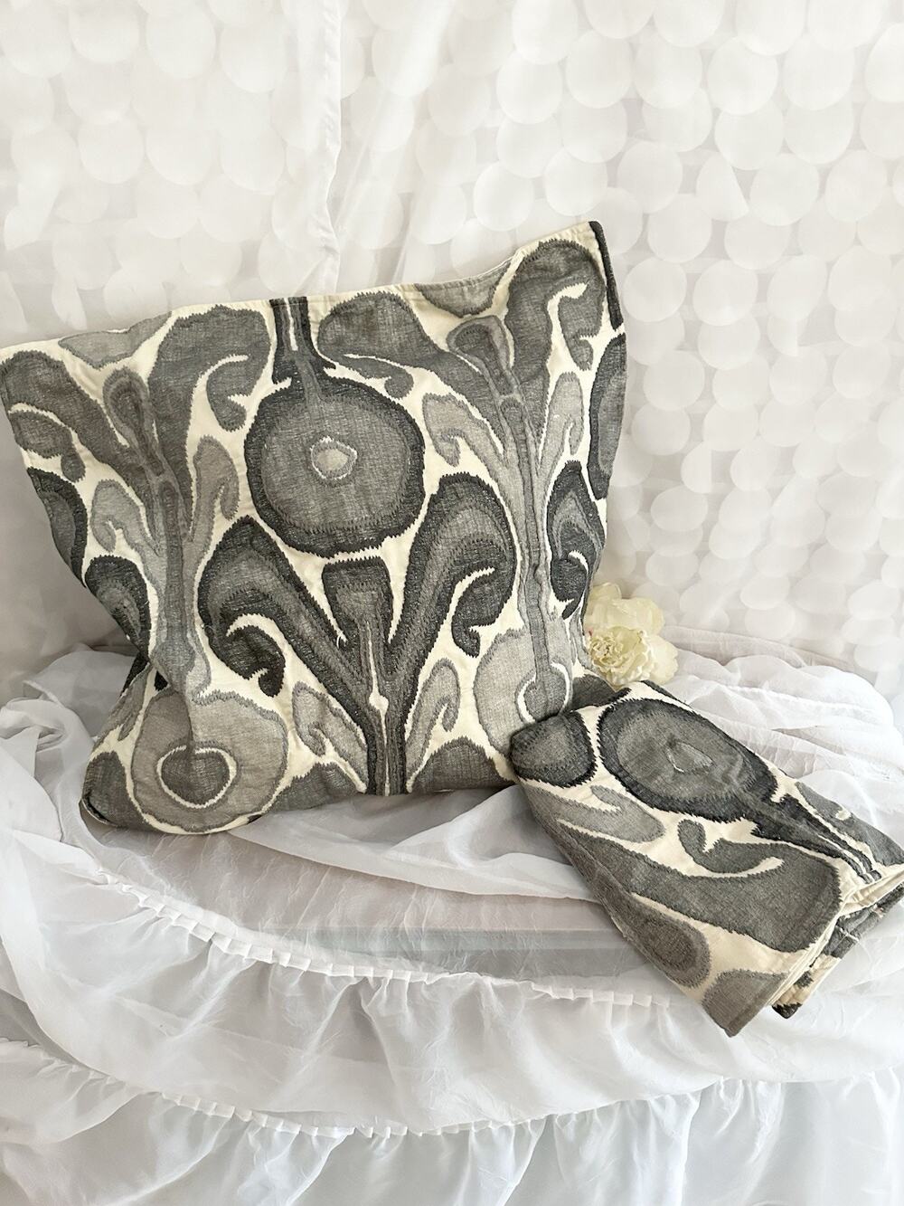 Pottery Barn Kenmare Ikat Gray Appliqué Embroidered Beige Pillow COVER SET OF 2